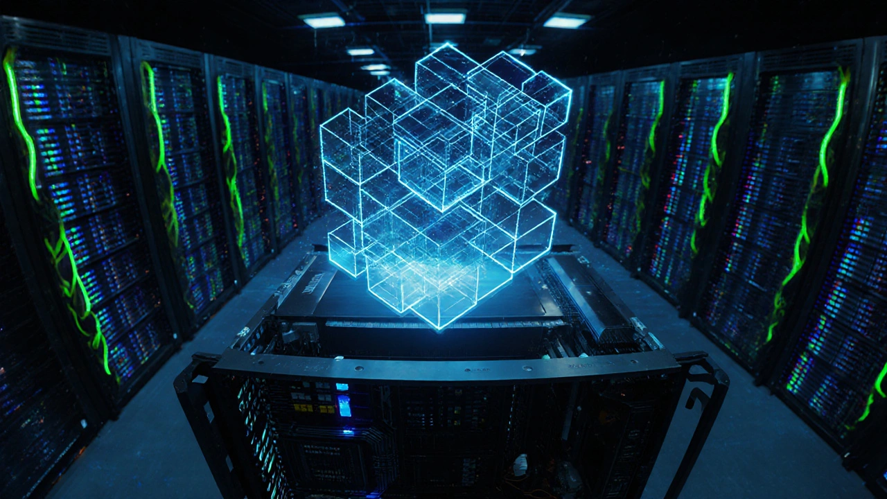 Großer Mining‑Rechenzentrum mit blinkenden Servern, das Proof‑of‑Work visualisiert.