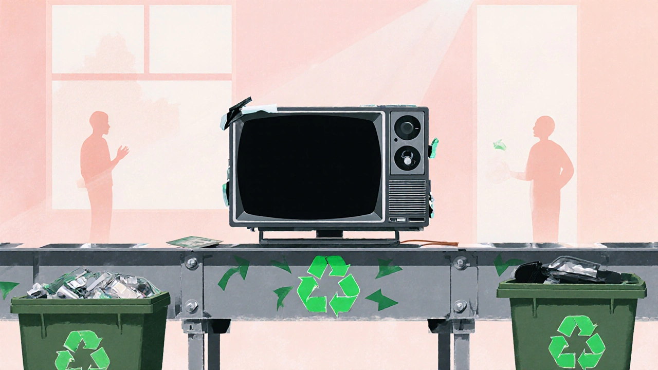 Kunstwerk eines TV‑Recycling‑Belts mit Grün‑Recycling‑Symbolen und separaten Behältern für Metall, Glas und Plastik.