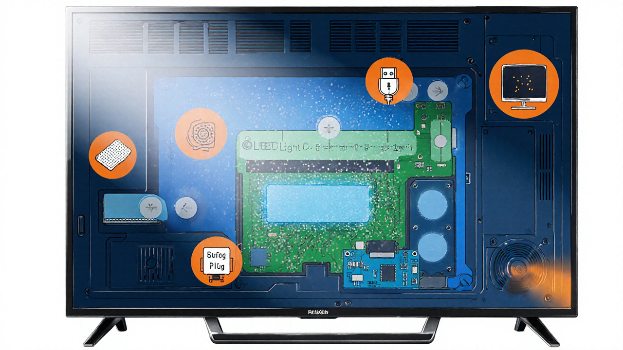 Schnittzeichnung eines Fernsehers mit hervorgehobenen Bauteilen und Symbolen für Staubreinigung, Überspannungsschutz und Bildschirmschoner.