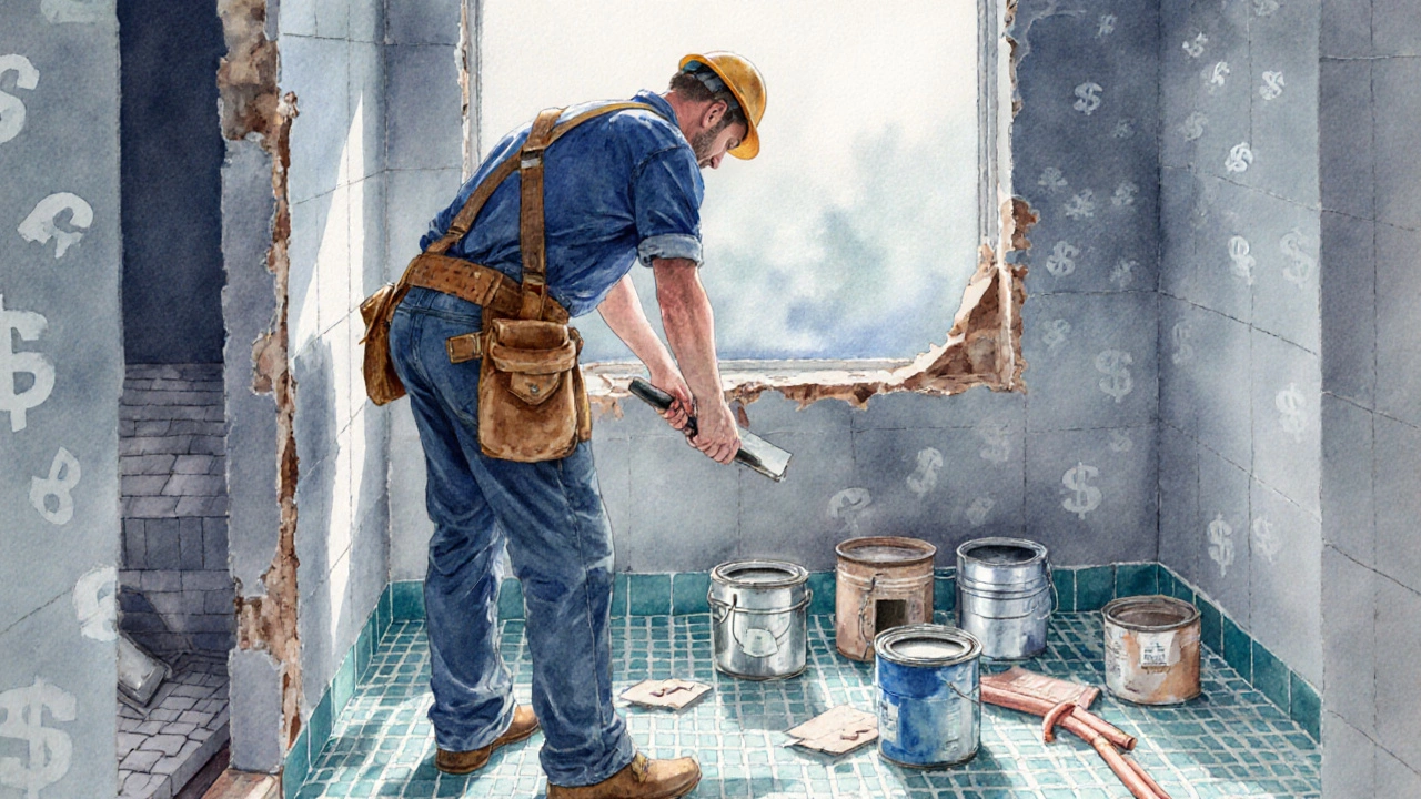 Badezimmerrenovierung im Gange, Handwerker arbeitet, Materialien und dezente Kostenmotive.