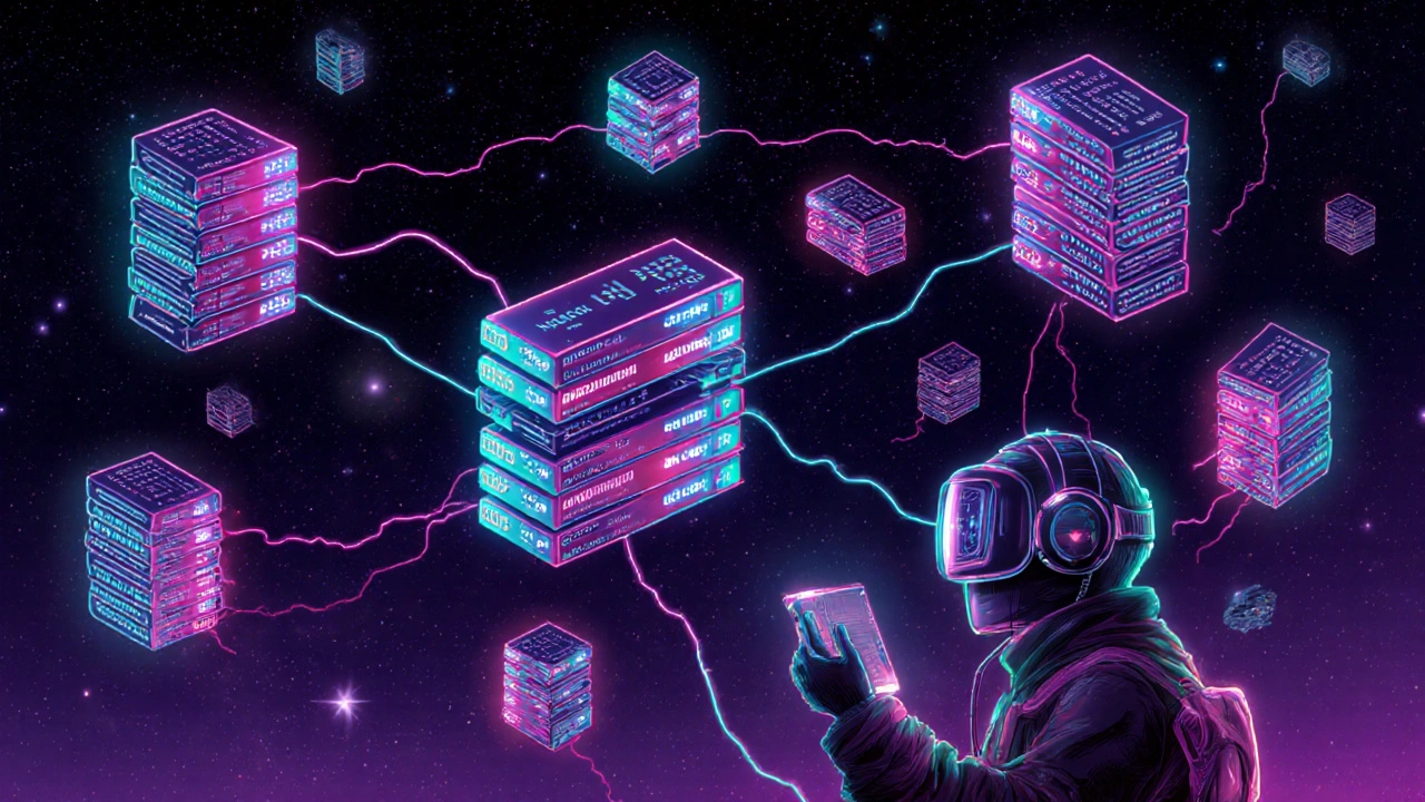 Cyber‑Punk‑Netzwerk mit Miner, leuchtenden Knoten und Datenblöcken.