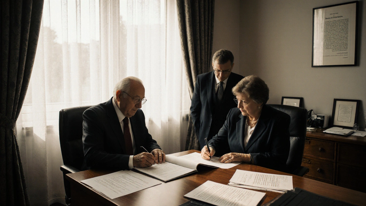 Ein Notar begleitet zwei Wohnungseigentümer beim Unterzeichnen einer einstimmigen Zustimmungserklärung für eine Änderung der Teilungserklärung.