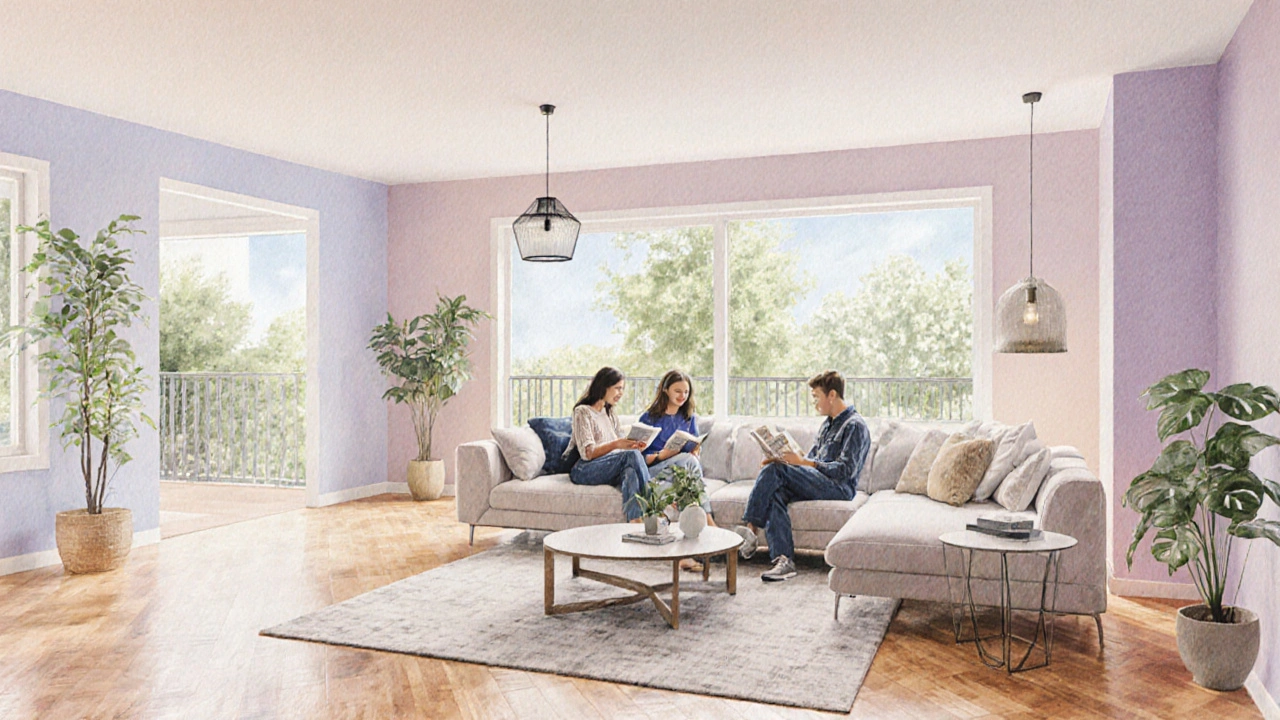 Fertig renoviertes Wohnzimmer, Familie entspannt auf Sofa bei Tageslicht.