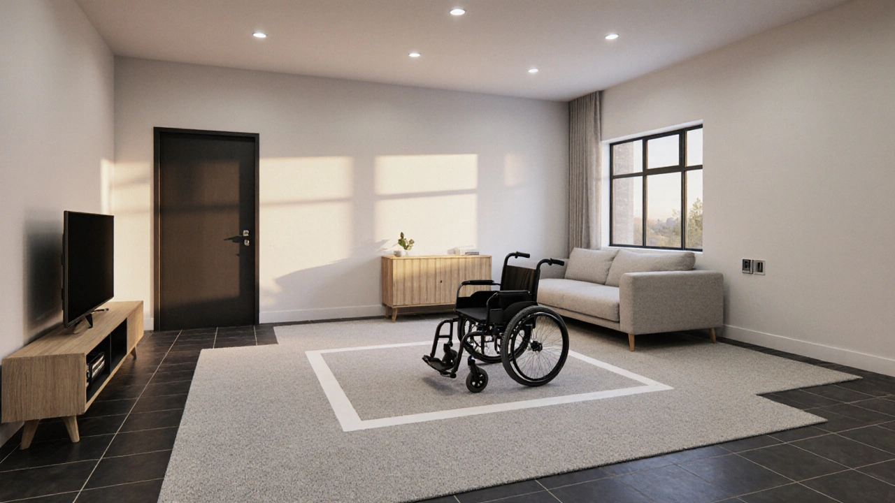 Fotorealistisches Bild eines rollstuhlgerechten Wohnzimmers mit klaren Schaltern und Sockelhöhen.