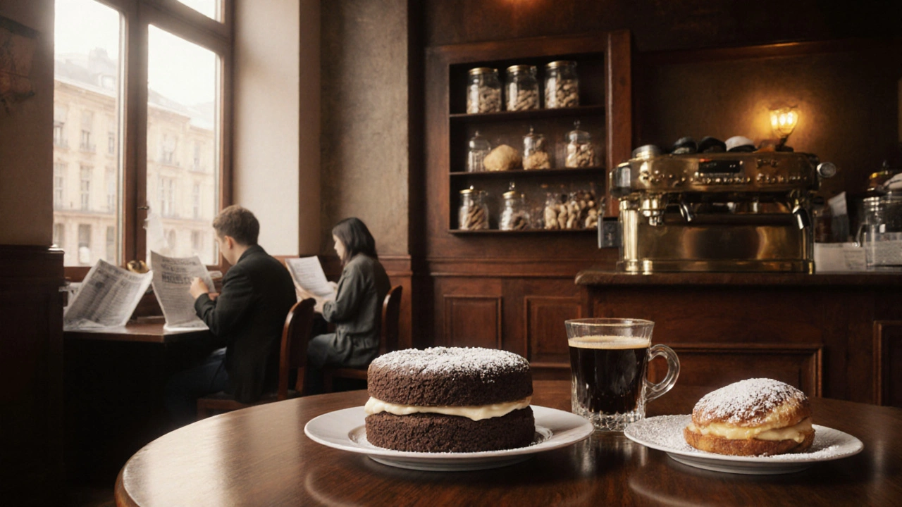 Gemütliches Wiener Kaffeehaus mit Sachertorte und Apfelstrudel als Nachtisch.