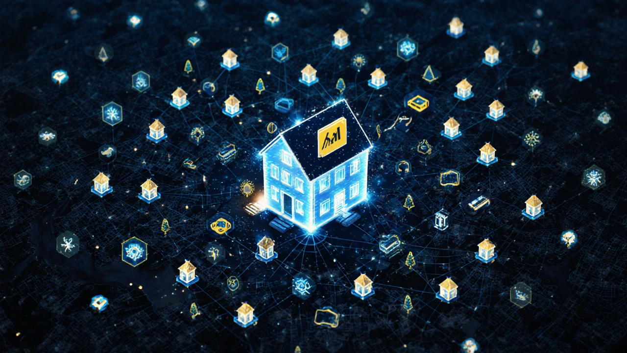 Glowende KI-Netzwerkstruktur, die Haus-Symbole, Straßenkarten und Wetterdaten in einer deutschen Stadt verbindet.