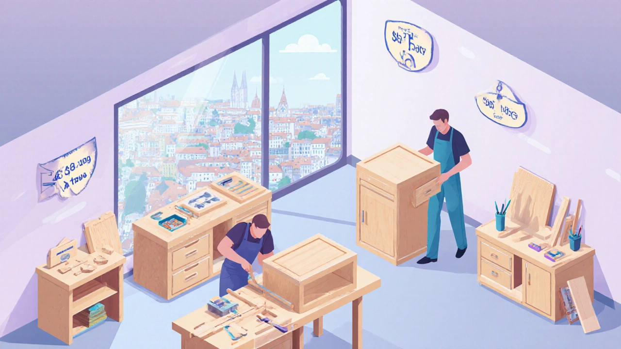 Graz‑Werkstatt im isometrischen Stil, Handwerker bearbeitet einen Schrank, Stadt im Hintergrund.
