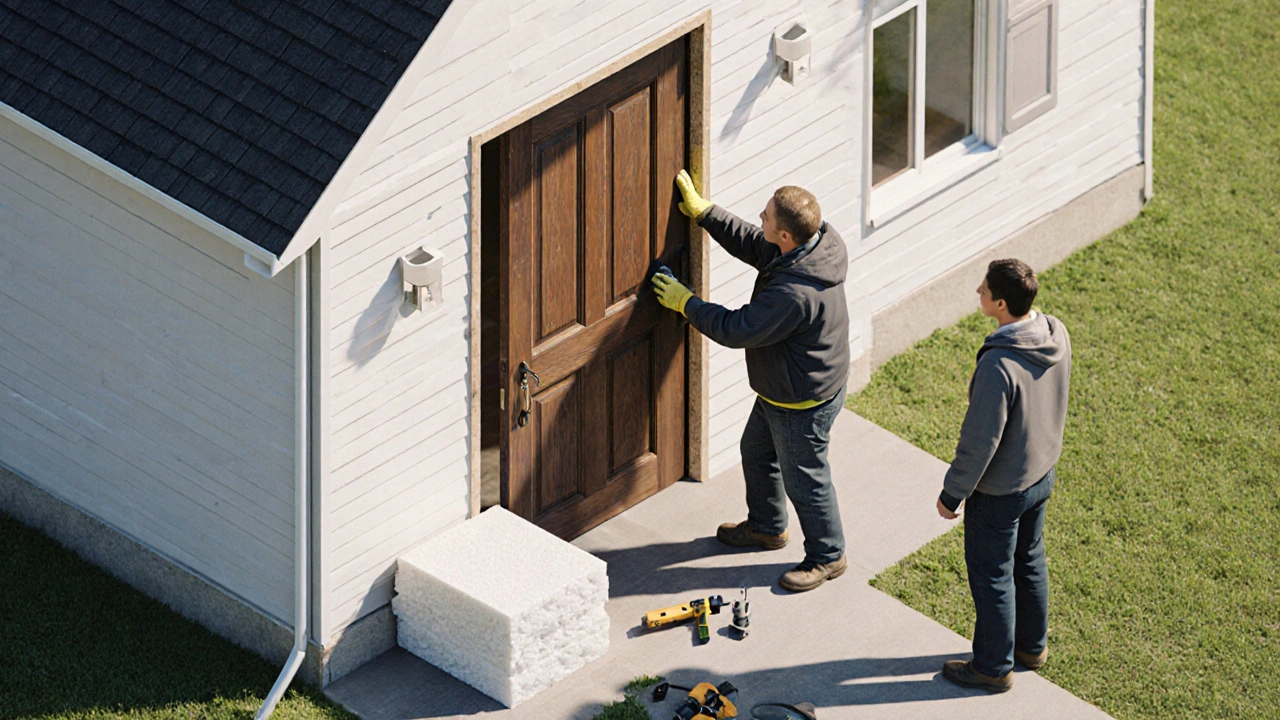 Handwerker montiert neue Haustür, alte Tür liegt daneben, während der Besitzer zuschaut.