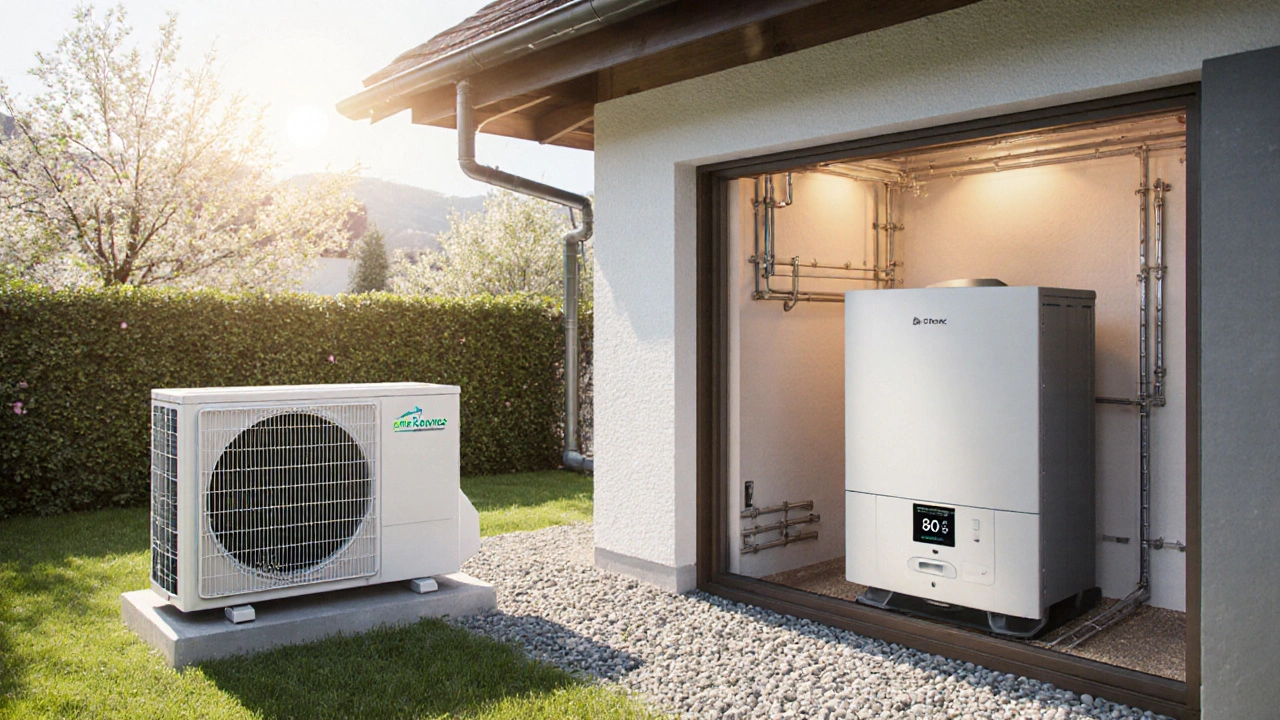 Hybrid-Heizsystem mit Wärmepumpe außen und Brennwertkessel im Keller, digitaler Anzeige mit 60% Gasersparnis.