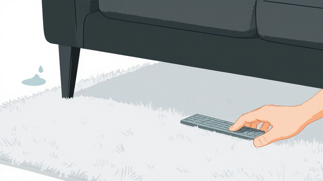 Illustration: Sofa‑Beine rutschen auf hohem Flor, Anti‑Rutsch‑Unterlage und Feuchtigkeitsfleck.