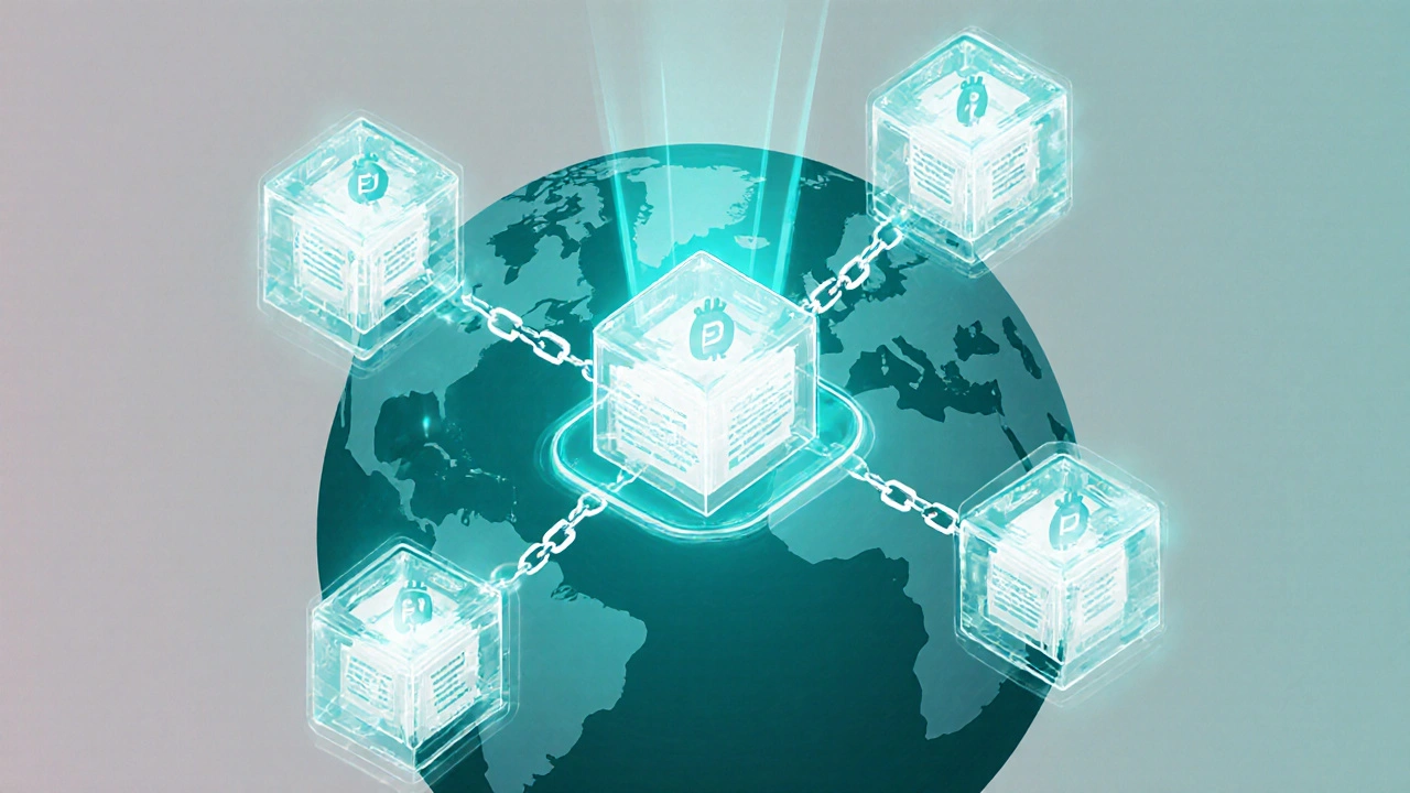 Isometrische Darstellung einer transparenten Blockchain über einer Erde.