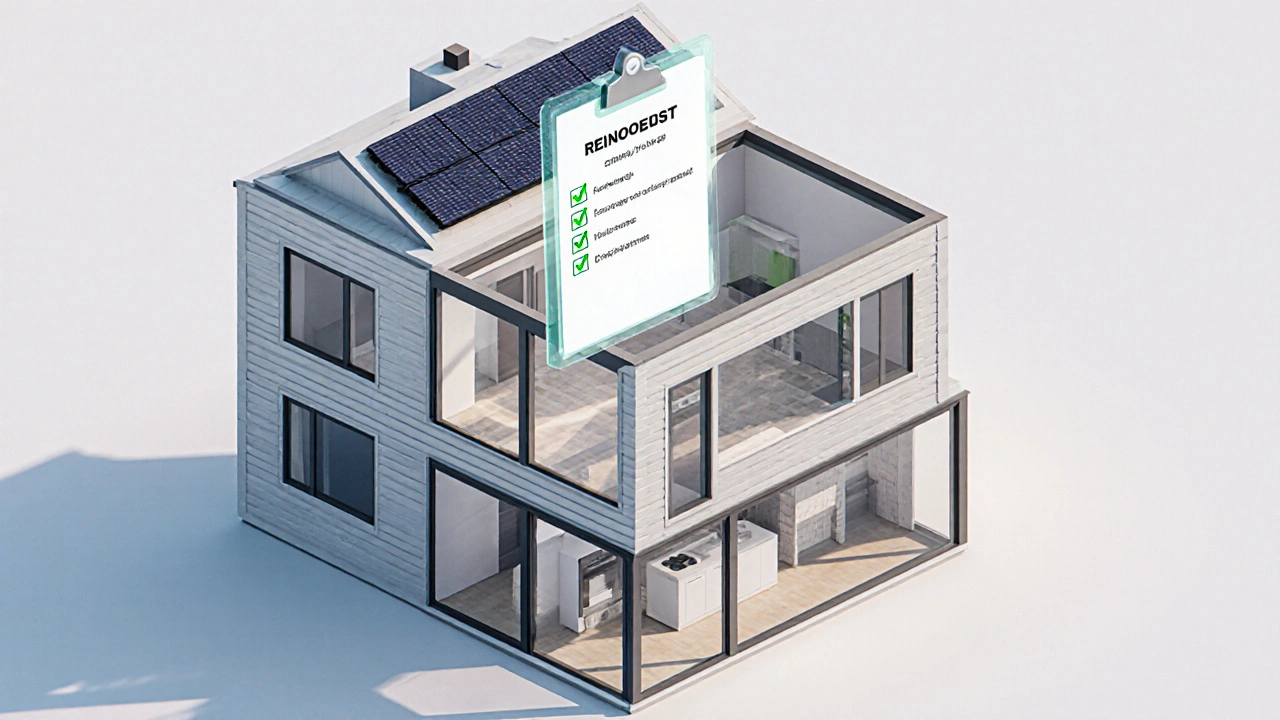 Isometrisches Bild eines renovierten Hauses in Graz mit Checkliste darüber.