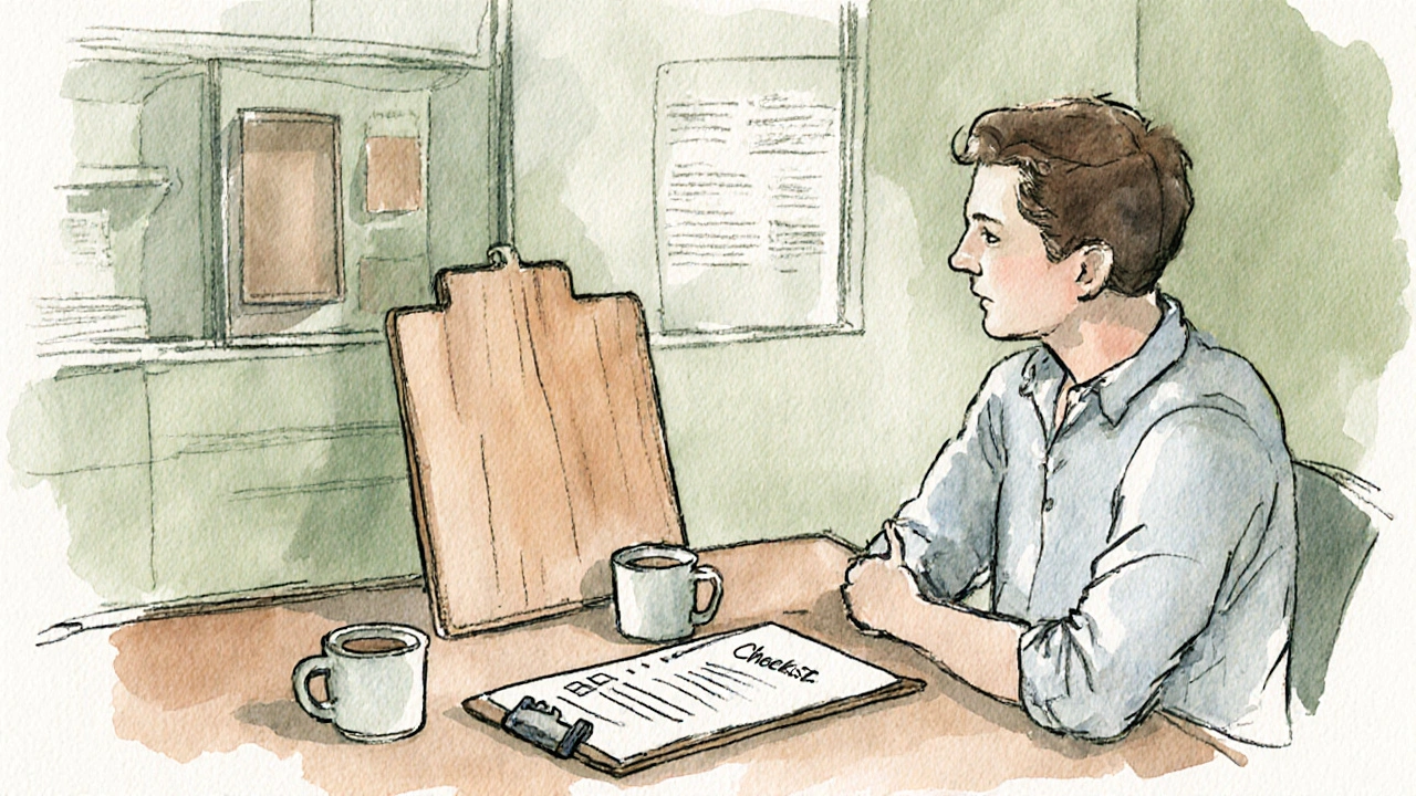 Kundengespräch mit Tischler, Holzproben und Checkliste auf Tisch, in Aquarell.