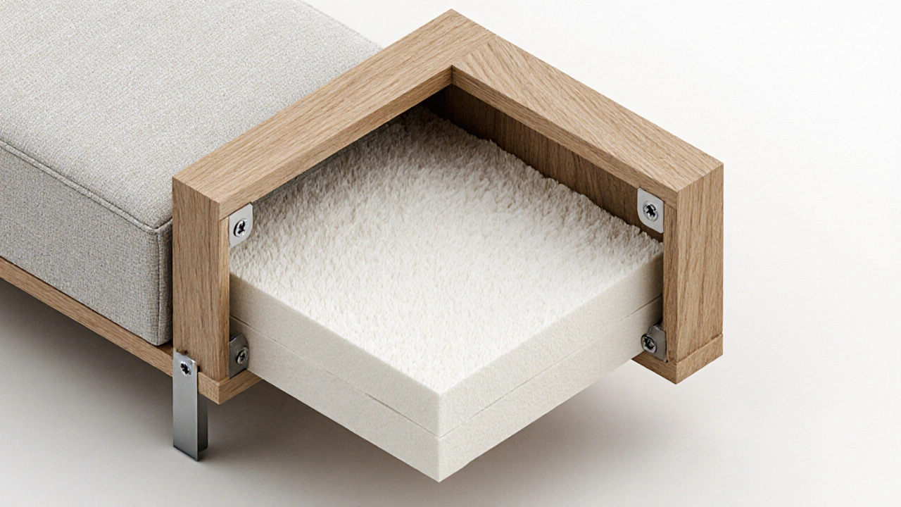 Querschnitt eines Sofas zeigt Holzrahmen, Metallverbindungen, mehrschichtige Polsterung und Stoffbezug.