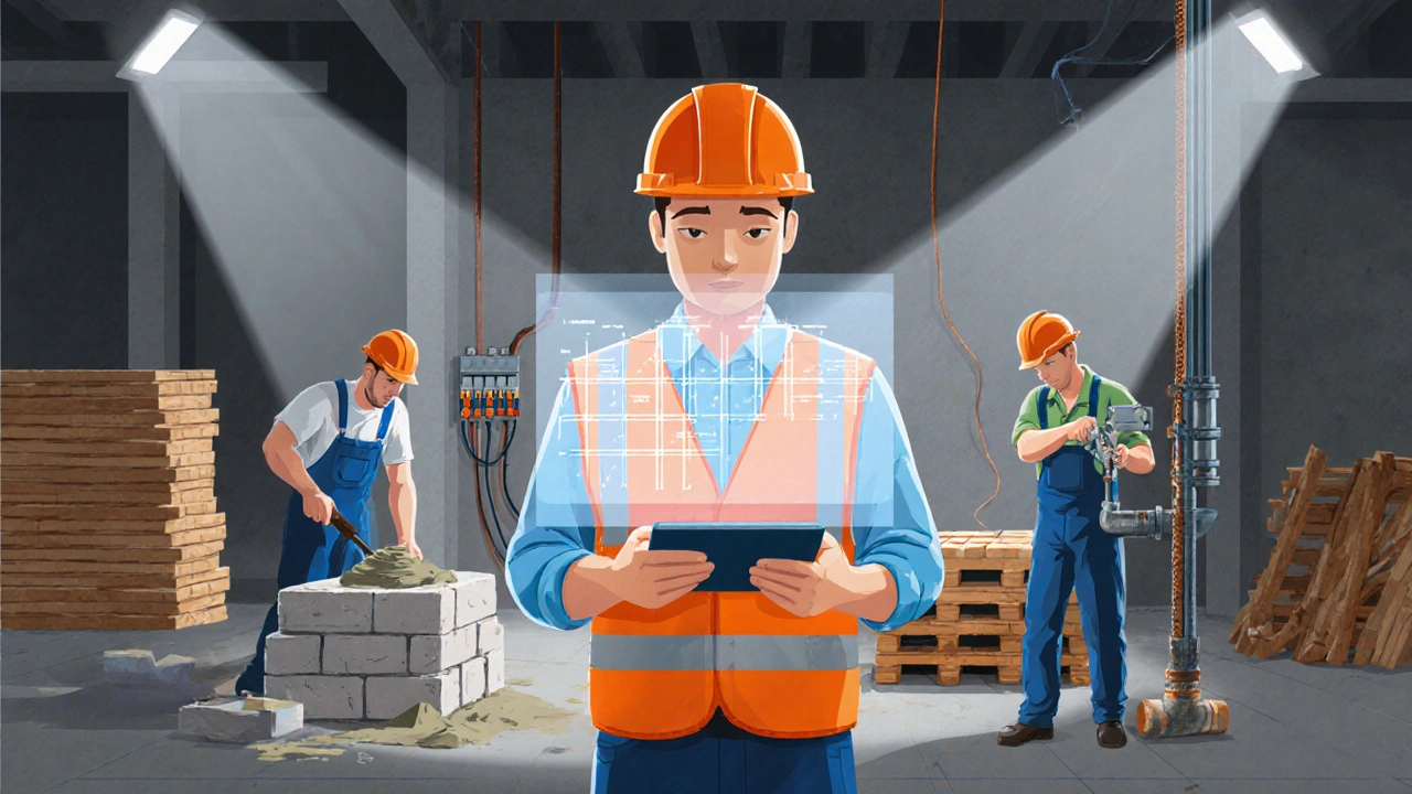 Renovierungsbaustelle mit Handwerkern, Projektmanager kontrolliert mit Tablet.