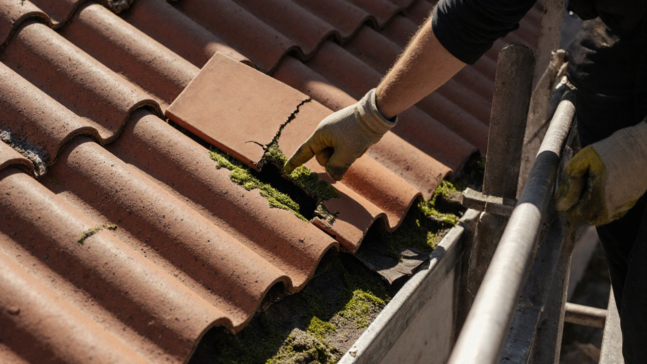 Roofer prüft auf einem Ziegeldach ein rissiges, mit Moos bedecktes Dach.
