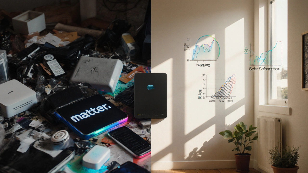 Vergleich: chaotische alte Smart-Home-Technik links, saubere Matter-Lösung rechts mit Energie-Statistik.