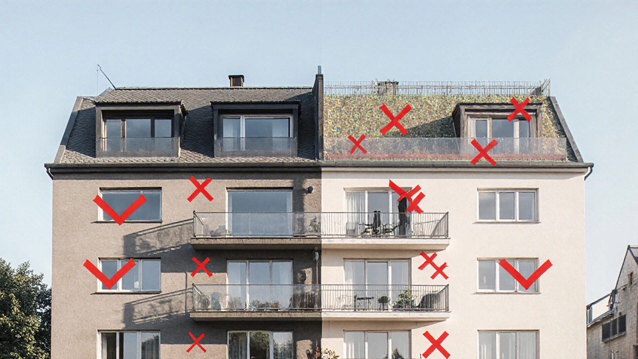 Vergleich der alten und neuen Aufteilung eines Mehrfamilienhauses mit sichtbaren Änderungen an Dach und Balkonen.