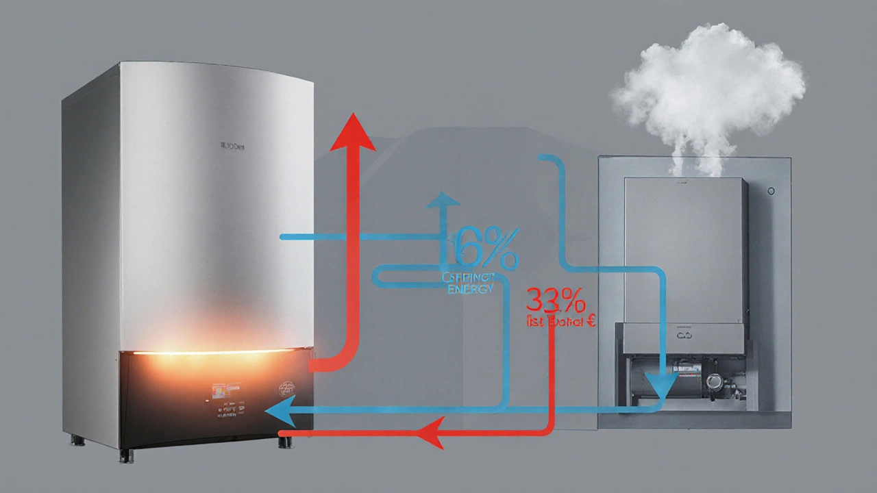 Vergleich der Energieeffizienz: moderner Brennwertkessel mit hohem Wärmerückgewinnungsgrad gegenüber veralteter Heizung mit hohen Verlusten.