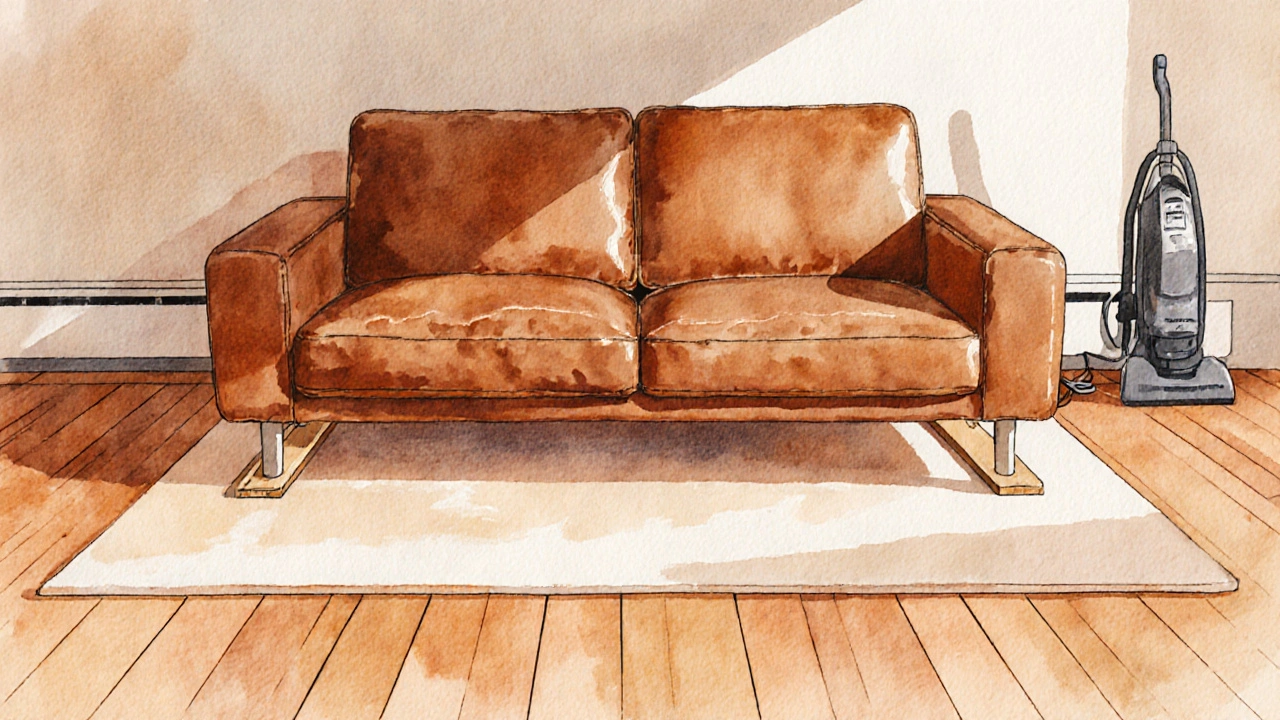 Wasserfarbige Darstellung: Sofa auf hitzebeständigem Teppich, Holzunterlage, Staubsauger.