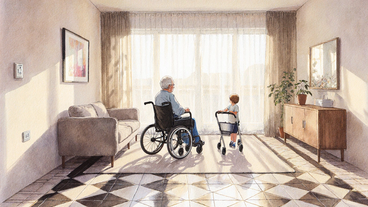 Wasserfarbillustration einer inklusiven Wohnzimmerszene mit Rollstuhl und Kinderwagen.