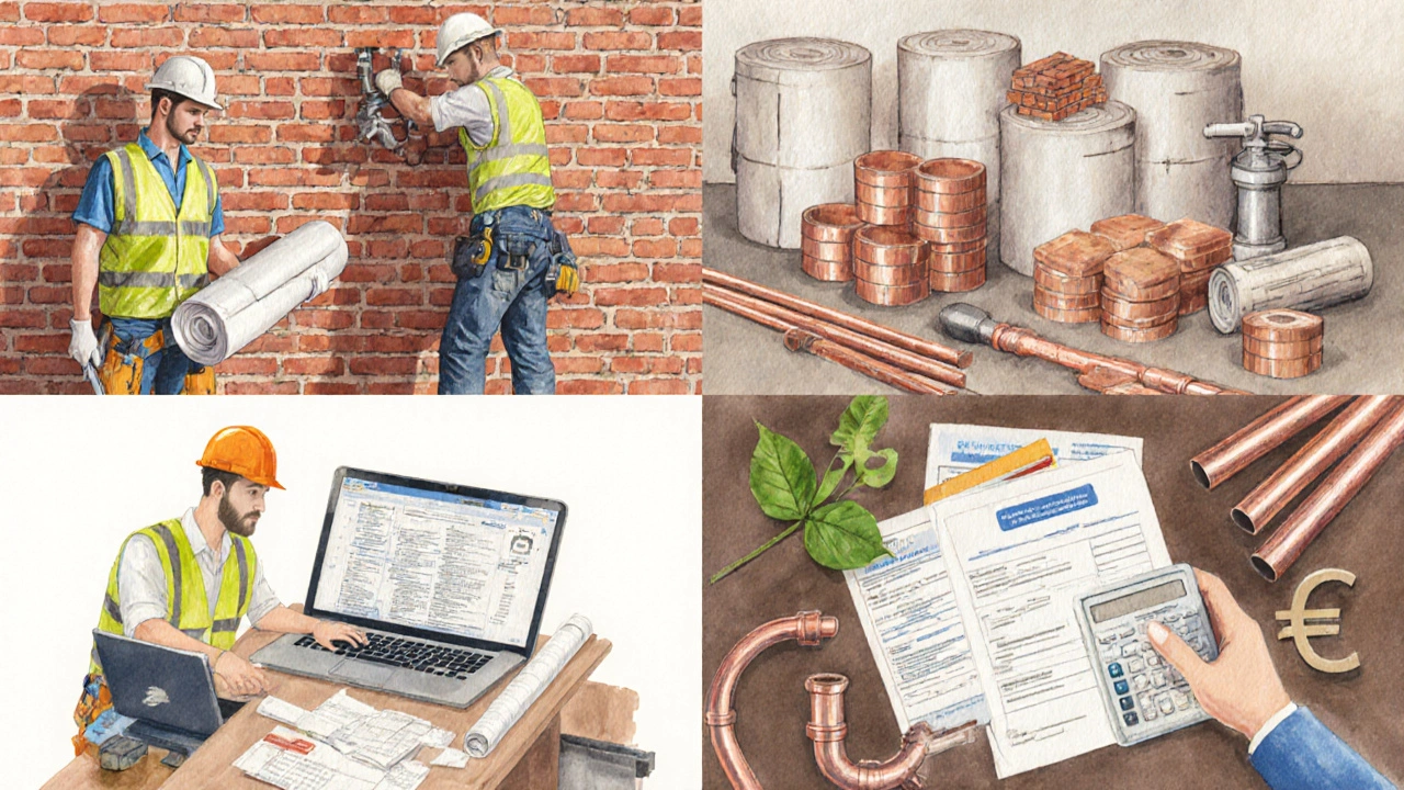 Wassermalerei mit vier Panels zu Arbeit, Material, Planung, Finanzierung.