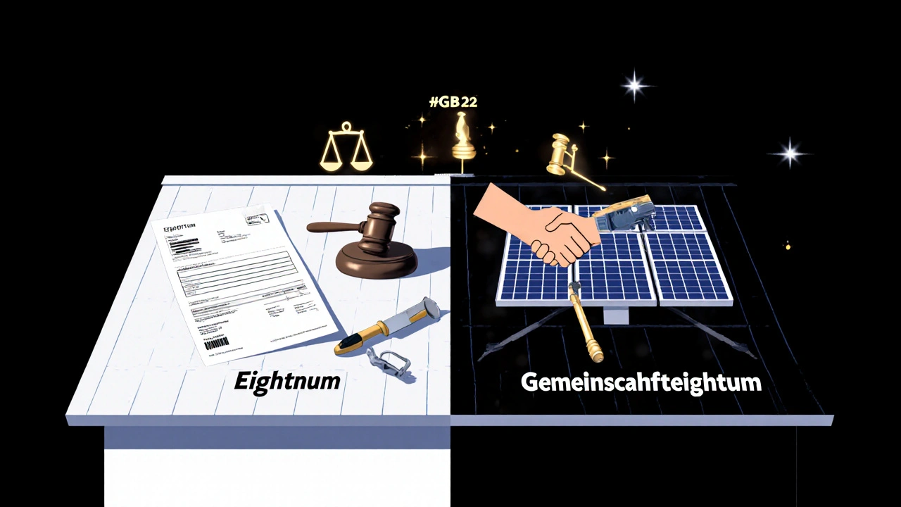 Aufgespaltenes Dach: Einzelbesitz links, gemeinschaftliches Eigentum rechts mit Solaranlage und rechtlichen Symbolen.