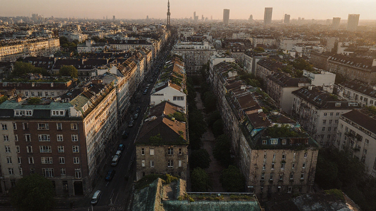 Dichte Stadtlandschaft mit aufgestockten und geteilten Wohnhäusern