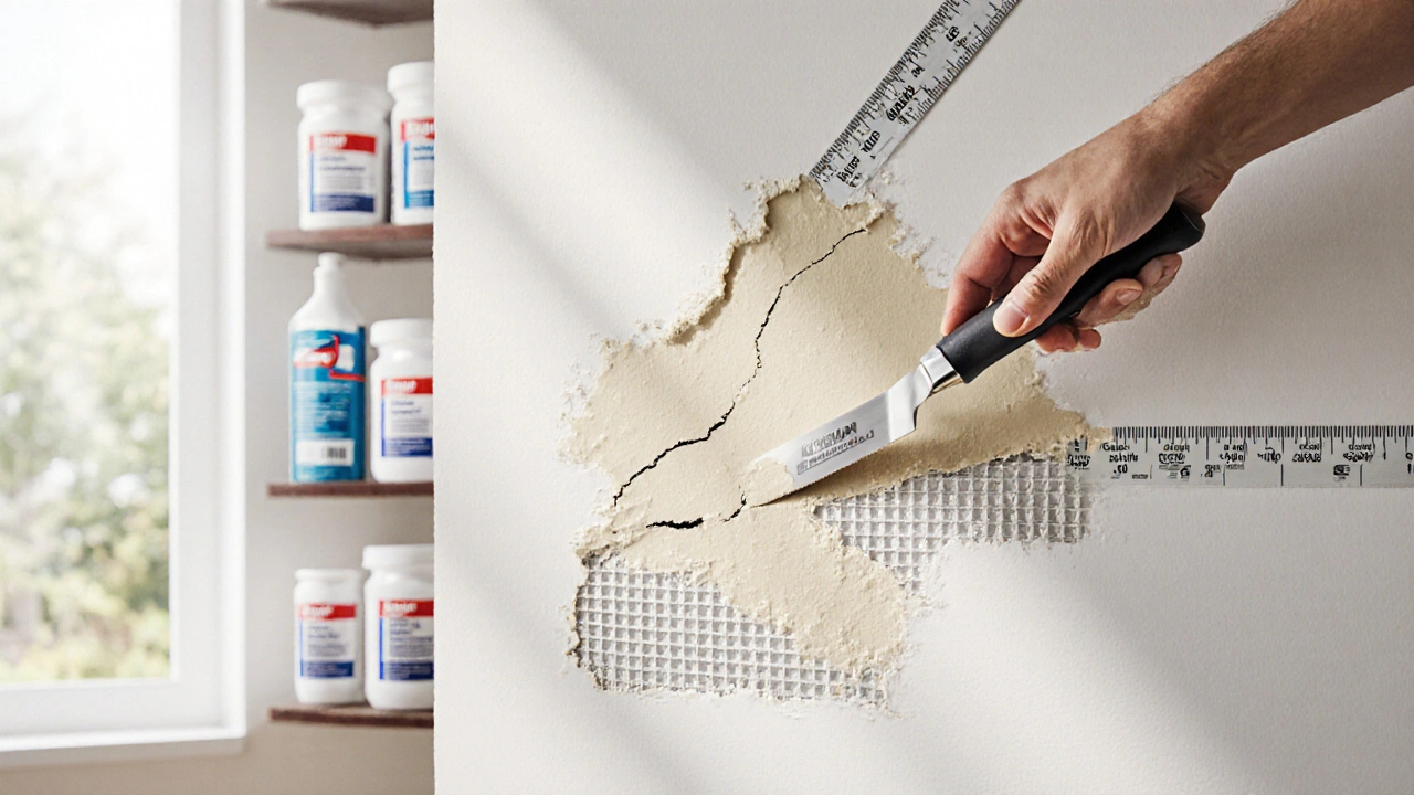 Drei Spachtelarten werden dünn auf eine gerissene Wand aufgetragen, verstärkt mit Glasfaser-Gewebe, Werkzeuge sichtbar.