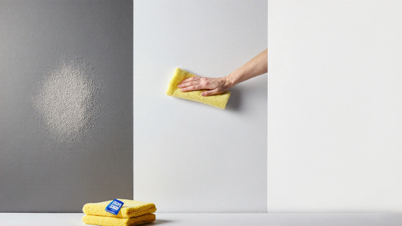 Dreistufige Wandvorbereitung: Staub, Abwischen, glatte Oberfläche — Mikrofasertuch und Hafttücher im Vordergrund.