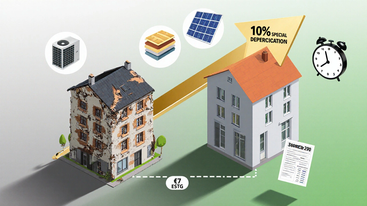 Ein altes Gebäude verwandelt sich in ein energieeffizientes Zuhause, begleitet von Symbolen für Wärmepumpe, Solaranlage und einer Uhr, die auf 2029 zeigt.