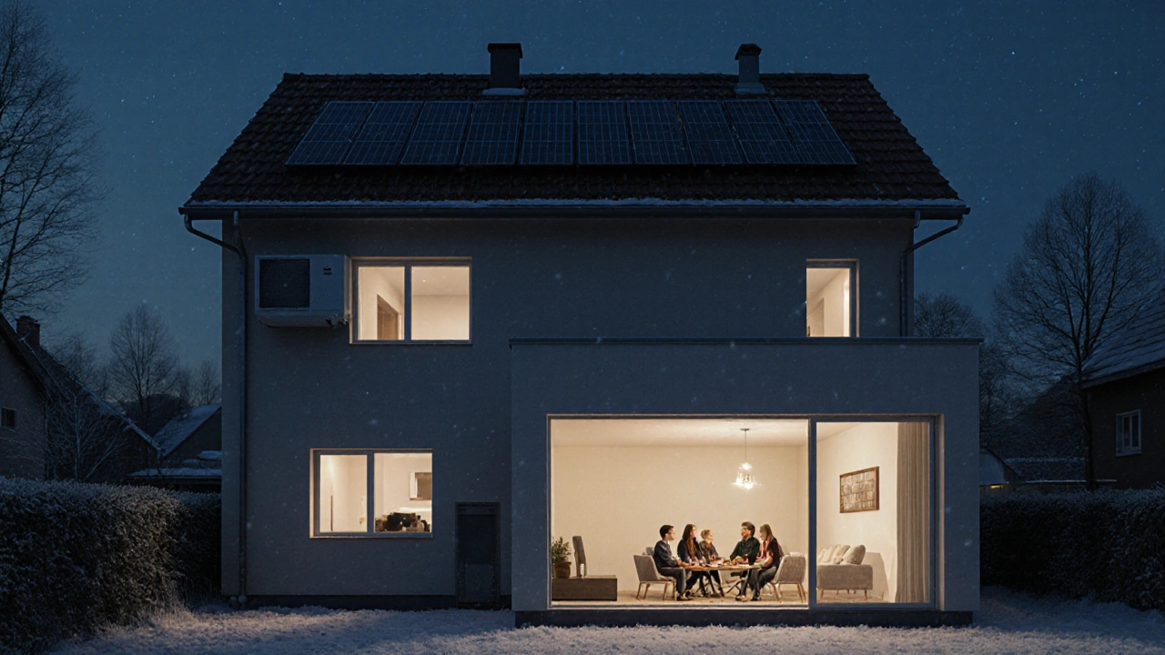 Ein modernisiertes Einfamilienhaus bei Nacht mit glatten Wänden, Solaranlage und warmem Licht hinter fensterlosen, frostfreien Fenstern.