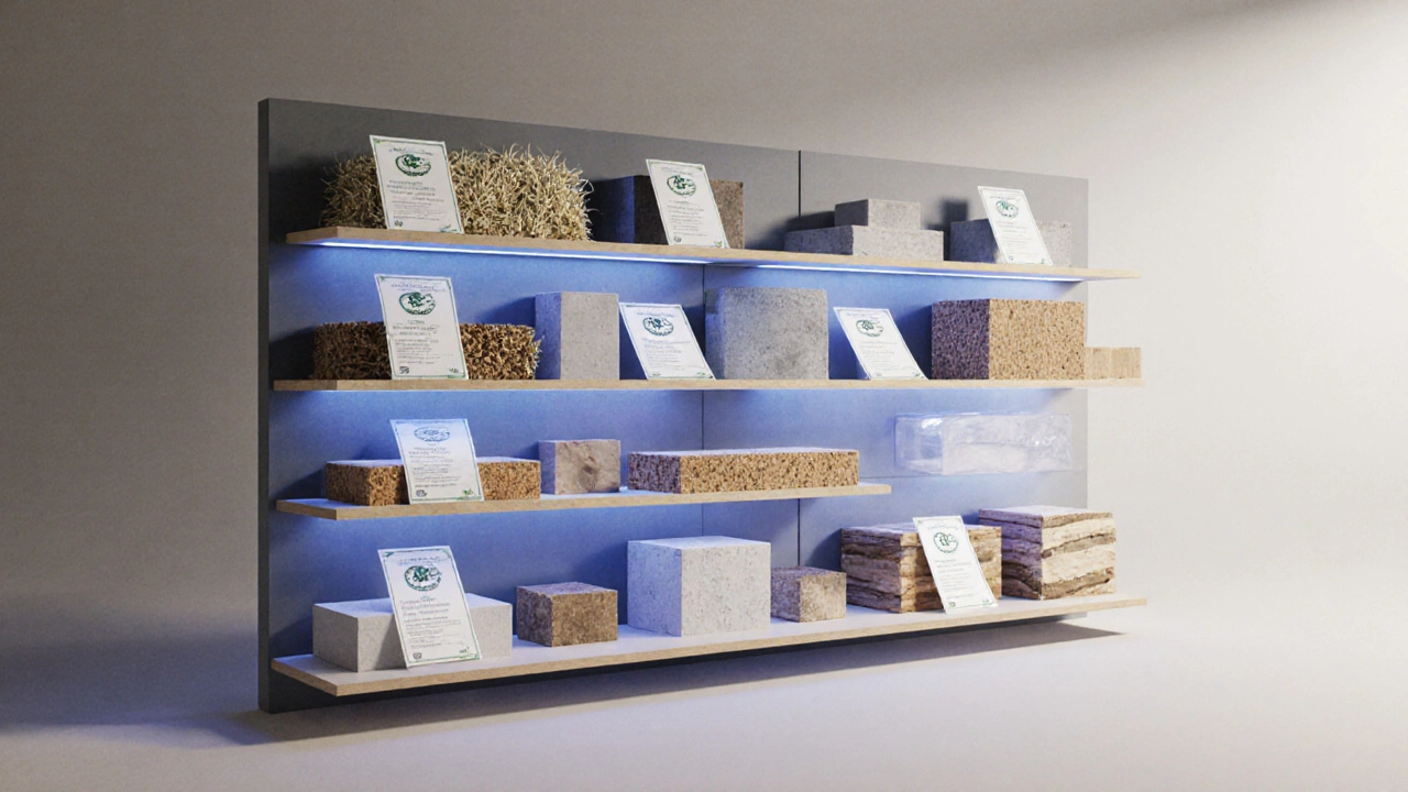 Eine Materialbibliothek mit nachhaltigen Baustoffen wie Hanf, recyceltem Kork und Bio-Beton, die mit blauem Licht für niedrige Emissionen leuchten.