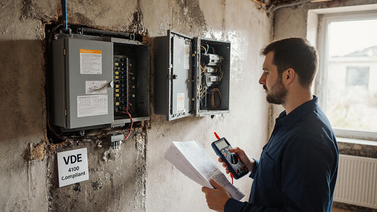 Elektriker ersetzt alten Zählerschrank im Keller durch einen normgerechten, IP54-geschützten Schrank mit ausreichendem Arbeitsraum.