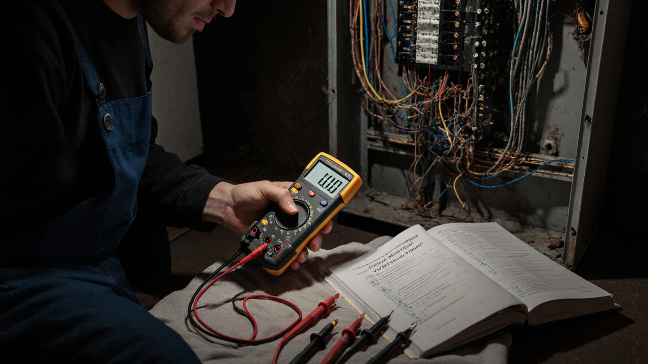 Fachmann misst mit Messgerät den Isolationswiderstand in einem alten Verteilerkasten.