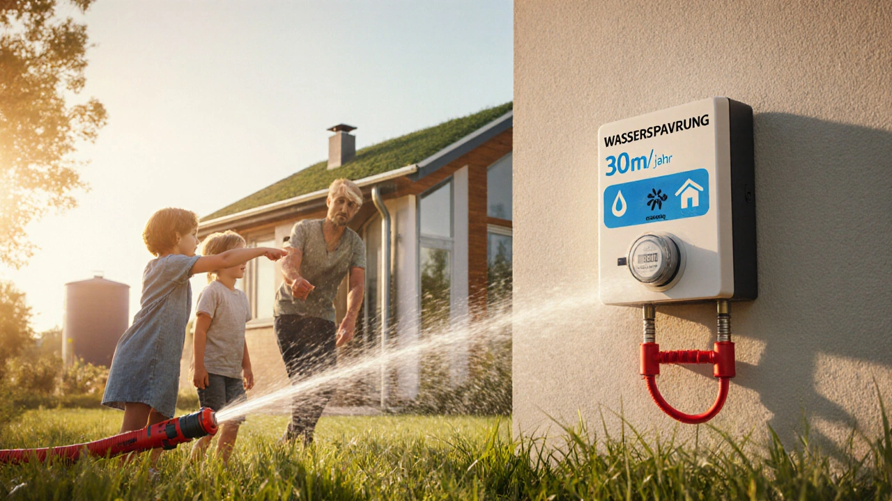 Familie bewässert Garten mit rotem Schlauch, dahinter Haus mit Regenwasserspeicher, goldenes Abendlicht, keine Texte.