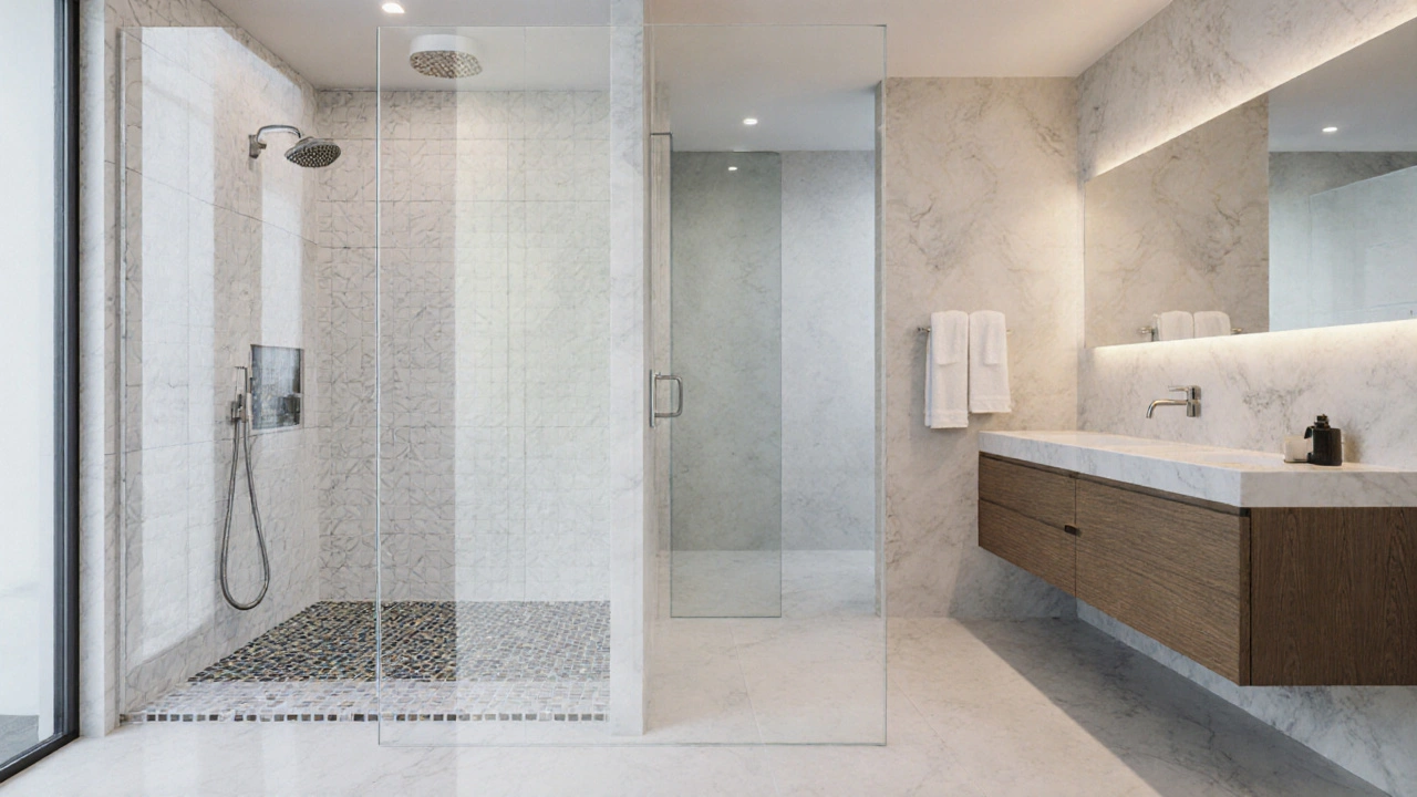 Fertig saniertes Bad mit transparenten Überlagerungen der vorherigen Sanierungsphasen.