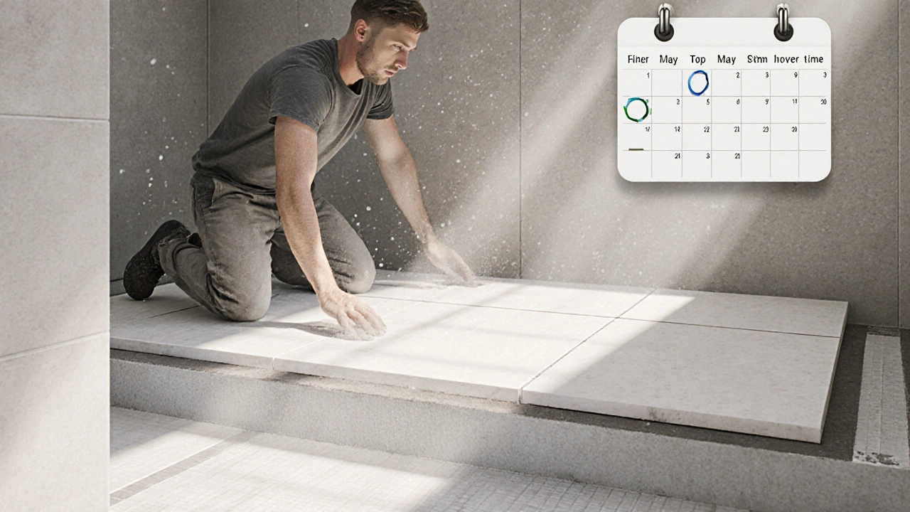 Fliesenleger verlegt große Fliesen auf einem präzise vorbereiteten, wasserdichten Untergrund.