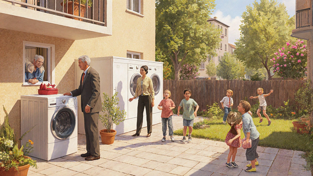 Gemeinschaftlicher Wohnraum mit Senioren, Familien und gemeinsamen Flächen