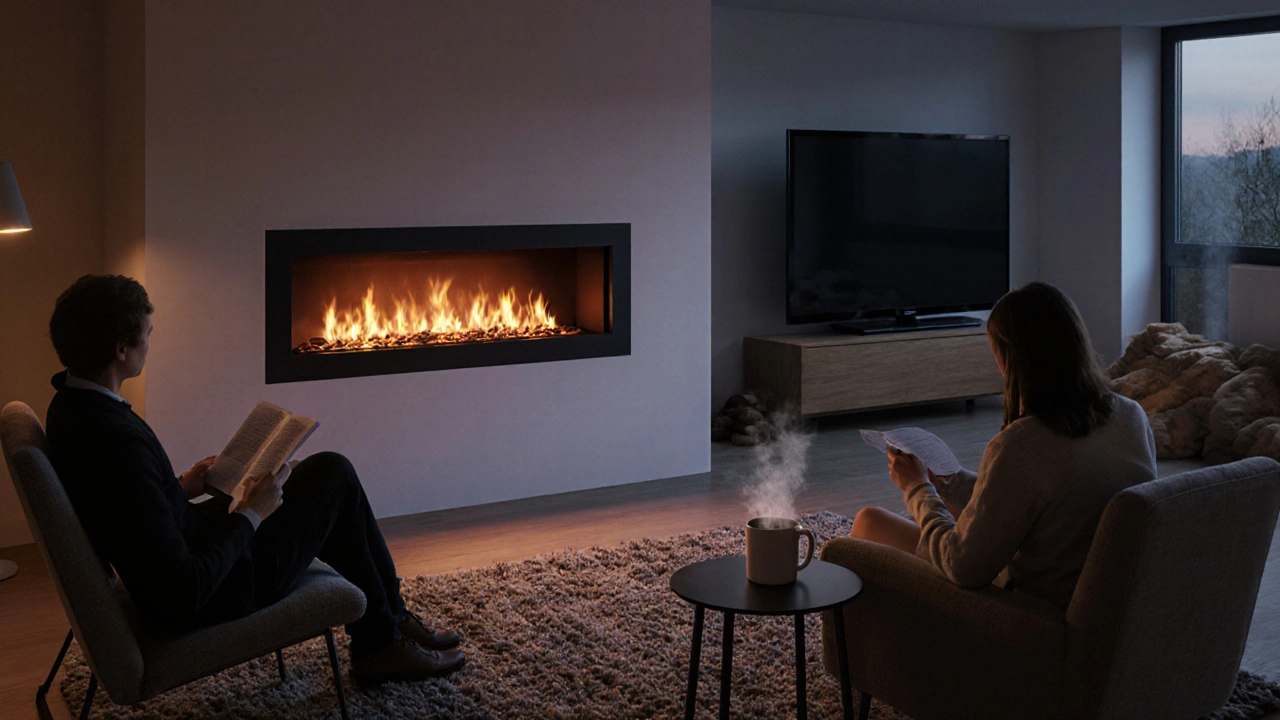 Gemütliches Wohnzimmerabendlicht mit getrenntem Kamin und Fernseher, Sitzgruppe fokussiert auf das Feuer, ruhige Atmosphäre.