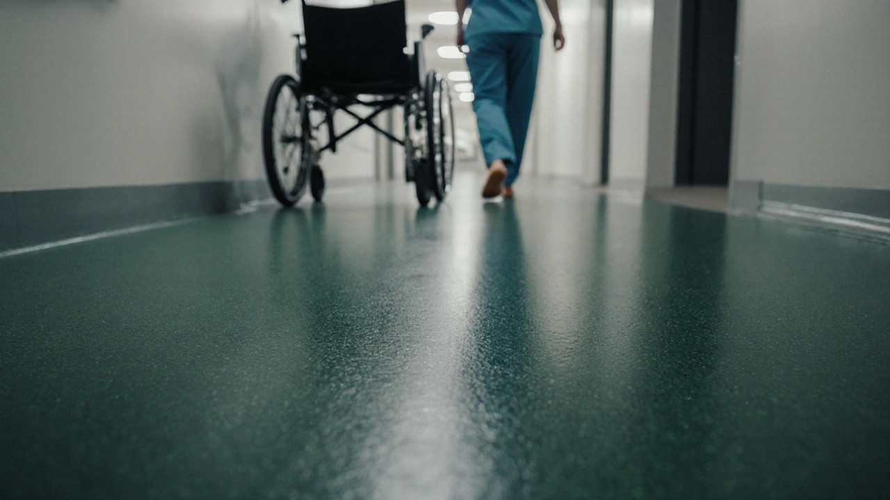 Gummi-Boden in einem Krankenhausflur, glatt und schmutzresistent, ohne sichtbare Nähte