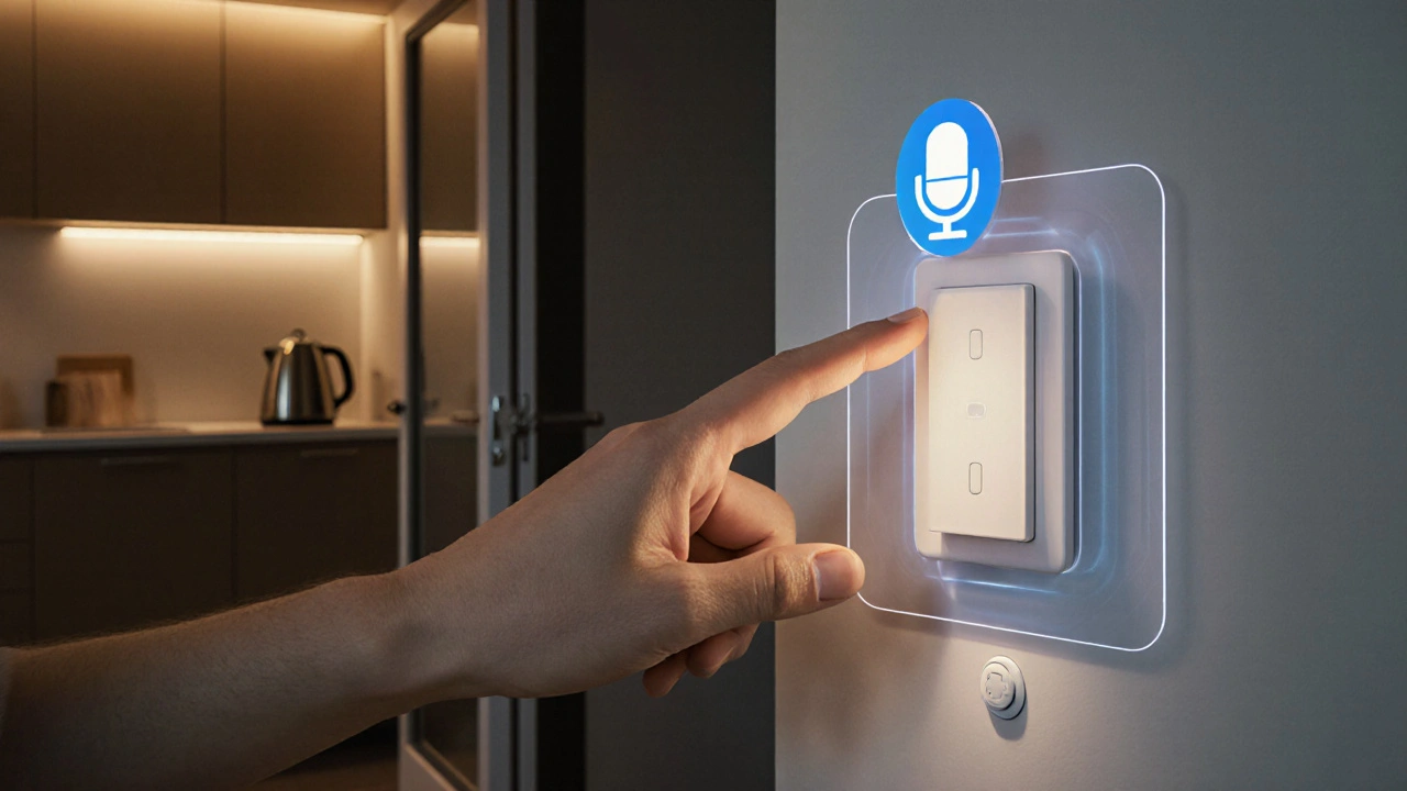 Hand berührt eine große Tasten-Schaltfläche, während unsichtbare Sensoren Bewegungen erfassen.