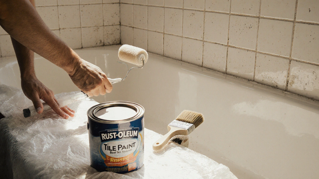 Hand, die Nassraumlack auf alte Fliesen aufträgt, mit Farbdose und Pinsel daneben.