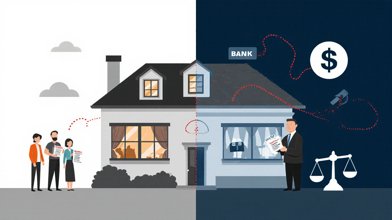 Haus geteilt: links lebendiges Zuhause, rechts bürokratische Verwaltung, roter Faden verbindet beide Seiten.