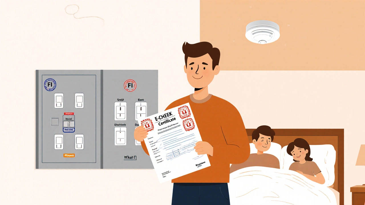 Hausbesitzer hält E-Check-Protokoll vor einem modernisierten Sicherungskasten, Familie schläft friedlich im Hintergrund.