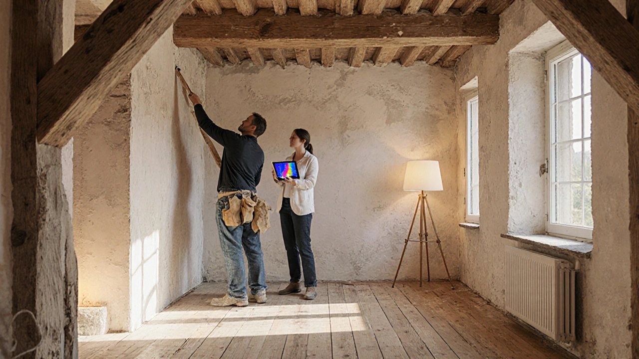 Innendämmung mit Kalkputz in einem denkmalgeschützten Haus, Fachmann mit Tablet im Hintergrund.