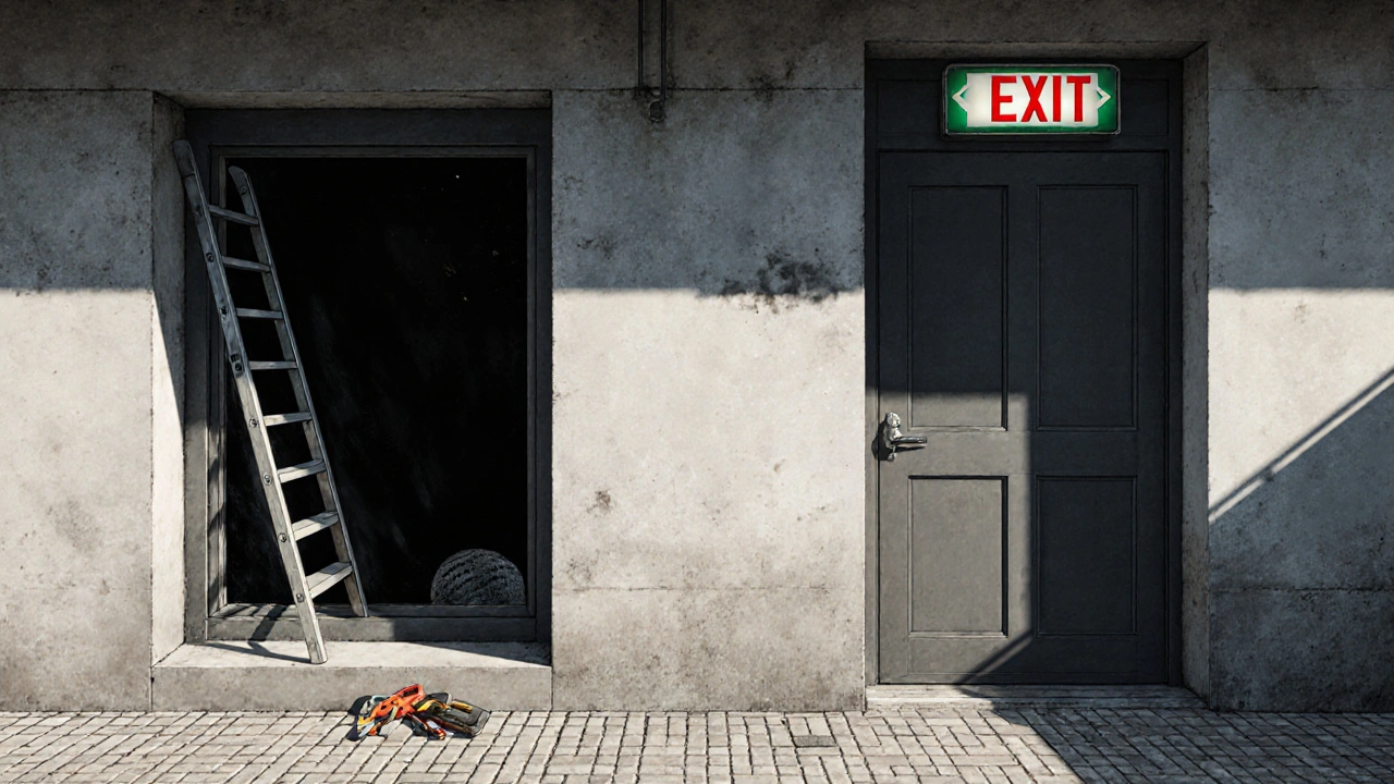 Kontrast zwischen unsicherem Kellerfenster mit Leiter und gesetzlich vorgeschriebenem Terrassenausgang.