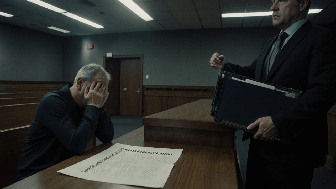 Mann im deutschen Gerichtssaal, gegenüber einem Verwalter mit Aktenordner, rechtliche Situation im Hintergrund.