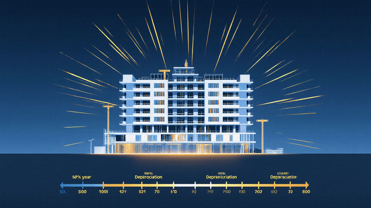 Neubau-Wohnhaus mit grafischer Darstellung der 5%-Sonderabschreibung über die ersten vier Jahre.