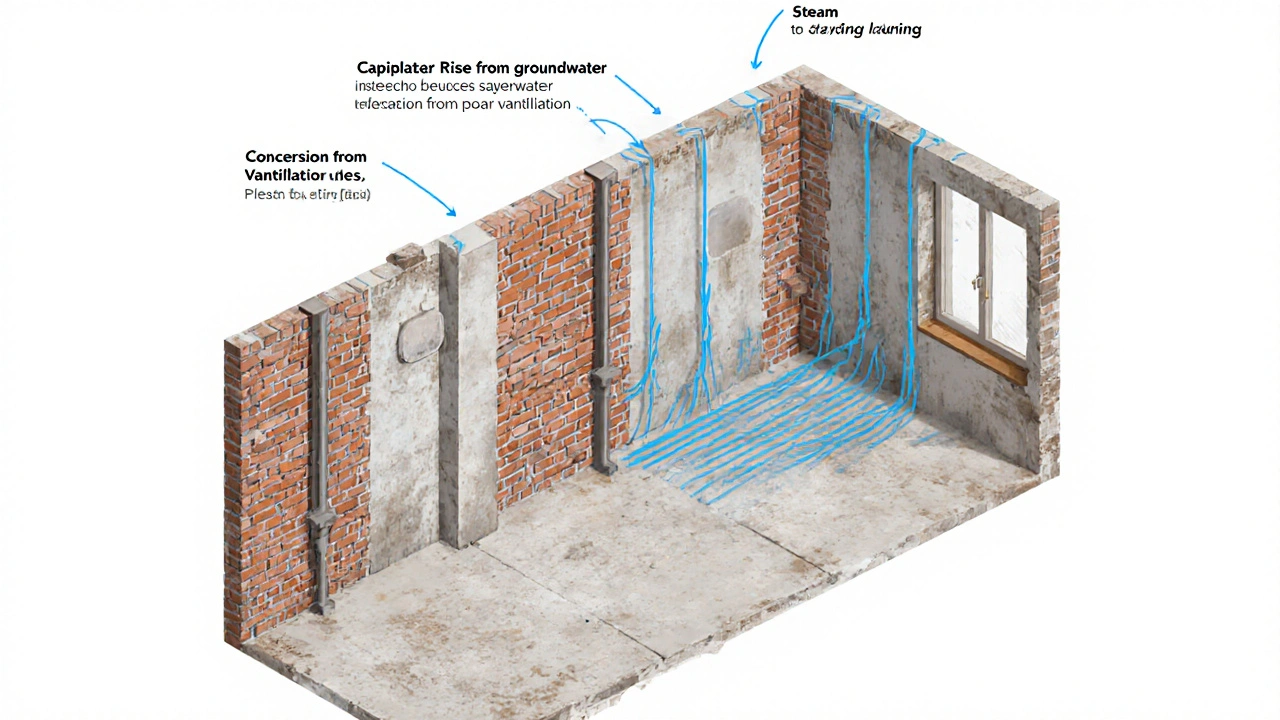 Querschnitt eines Kellers mit drei Feuchtigkeitsquellen: Kapillarwirkung, Kondensation und Wäschetrocknung.